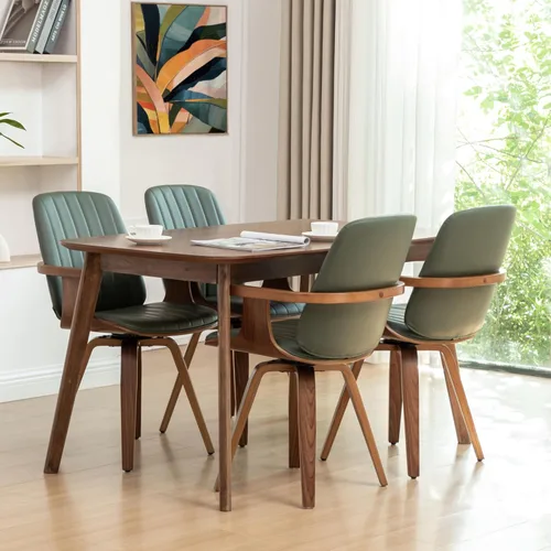 Miniatura 20 de Juego de 2 sillas de comedor giratorias, modernas de mediados de siglo con artesanía de nogal, piel sintética tapizada, brazos y patas de madera