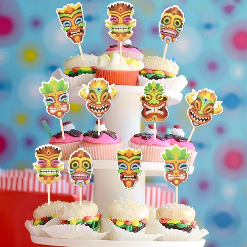 Miniatura 4 de 36 piezas de decoración para cupcakes de Tiki de Hawaii, tótem hawaiano para fiestas temáticas hawaianas, decoración de cupcakes hawaianos Luau