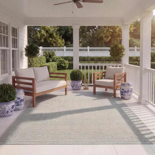 Miniatura 47 de SAFAVIEH Alfombra lavable para exteriores, colección Courtyard de 2.3 x 6.7 pies, beige y azul aguamarina, no desprende pelusa y es fácil