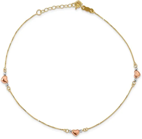 Tobillera con corazón inflado dorado tricolor de 14 quilates y 1.0in