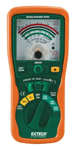 Extech 380320 Probador de aislamiento analógico - Megohmímetro para voltajes de prueba de 250V, 500V y 1000V - Mide la resistencia a 400MOhm -