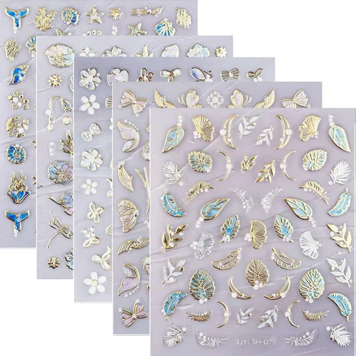 Miniatura 13 de 20 hojas de calcomanías de uñas 3D, diseño de oro/diamante, lujosas calcomanías de uñas autoadhesivas con relieve, calcomanías de uñas de flores