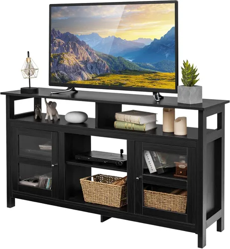 Tangkula Soporte de TV de granja para televisores de hasta 65 pulgadas, mesa consola de TV de madera con 2 gabinetes y 4 estantes, muebles de sala