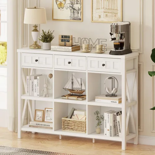 Miniatura 10 de FATORRI Organizador de almacenamiento de 6 cubos con estante, estantería horizontal corta para sala de estar, estantería de madera y metal, estante