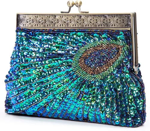 UBORSE Bolsos de embrague de noche de pavo real con lentejuelas con cuentas Bolso de noche vintage Bolso de boda de fiesta de 1920