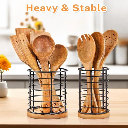 Miniatura 4 de hunnycook 2 Soportes para Utensilios, 5.1*5.1*5.8 y 3.7*3.7*5.8 pulgadas Soportes para Utensilios de Cocina, Recipientes Negros de Metal con Base