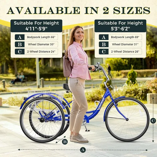 Miniatura 3 de Betterland Triciclo para adultos de 24/26 pulgadas, triciclo cómodo con canasta grande, bicicleta de crucero estable de 3 ruedas para compras