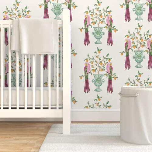 Miniatura 6 de Muestra de papel tapiz extraíble – Pájaros botánicos tropicales loro cítrico floral caprichoso vid hojas naranja limón italiano personalizado