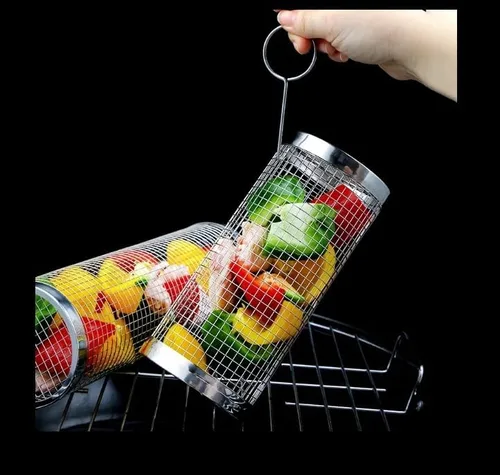 Miniatura 6 de Cesta rodante para barbacoa con tapa, cesta de barbacoa de acero inoxidable para exteriores, accesorios de cocina cilíndricos de malla redonda