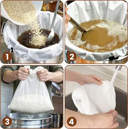 Miniatura 5 de 2 bolsas de cerveza, 250 bolsas de filtro de malla microfina, bolsa de filtro reutilizable con cordón de 5 galones para cerveza casera, colado