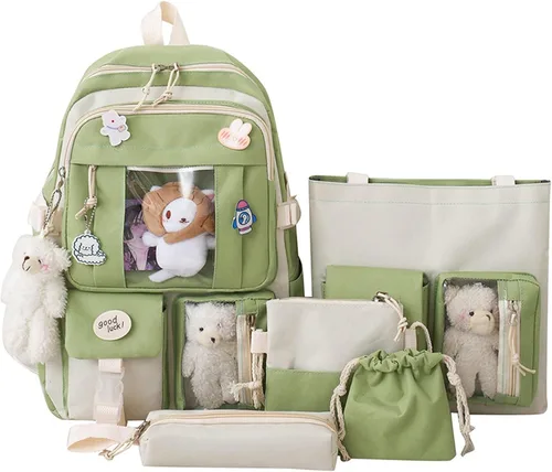 Mochila escolar estética kawaii, juego de 5 piezas con bonitos pines colgantes de oso, mochila pequeña para laptop, kit esencial Verde