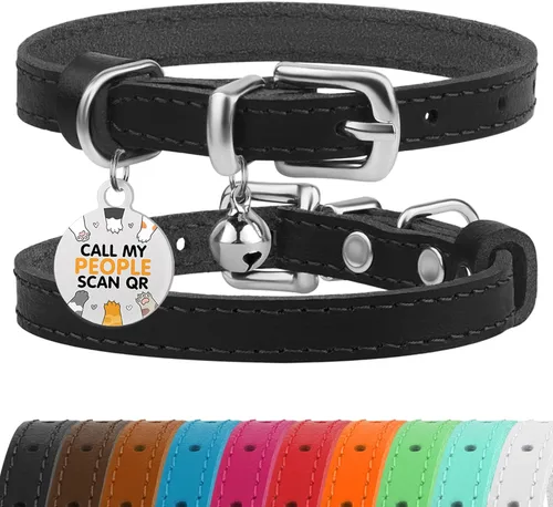 Miniatura 33 de BRONZEDOG Collar de cuero para gato con campanas extraíbles sin liberación rápida, etiqueta QR para gatito para niña y niño