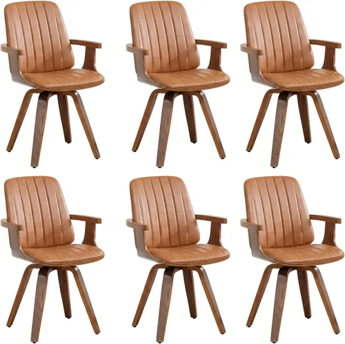 Miniatura 15 de Juego de 2 sillas de comedor giratorias, modernas de mediados de siglo con artesanía de nogal, piel sintética tapizada, brazos y patas de madera