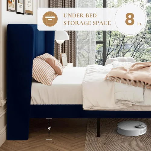 Miniatura 7 de SHA CERLIN - Marco de cama tamaño King de terciopelo con cabecera acolchada de acanalado vertical, cama de plataforma tapizada con listones de Azul