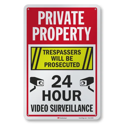 SmartSign Letrero metálico de 18 x 12 pulgadas con texto en inglés "Private Property - Trespassers Will Be Prosecuted", video vigilancia las 24