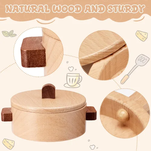 Miniatura 3 de WHOHOLL Juego de cocina de madera con platos y platos, juguetes de cocina para niños de 3, 4, 5, 6, accesorios de cocina Montessori, incluyendo
