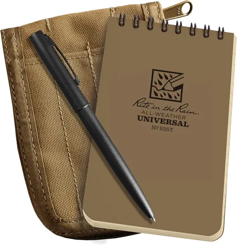 Rite in the Rain All-Weather - Kit de cuaderno con espiral en parte superior de 3 x 5", funda de tela CORDURA, cuaderno amarillo y bolígrafo
