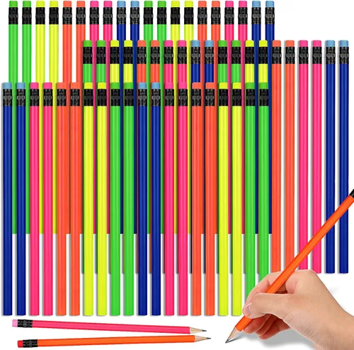 Outus Lápices de neón para niños, lápiz de madera HB con borrador, lápices de madera de colores fluorescentes, lápices redondos de colores, lápices