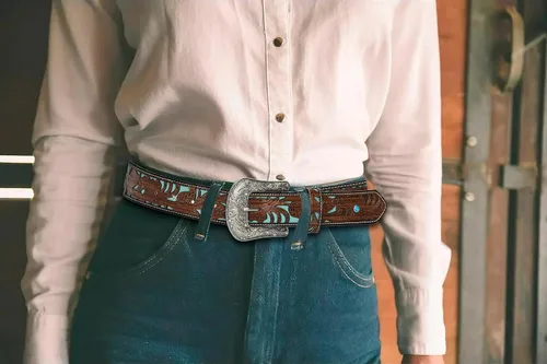 Miniatura 6 de Western-Cowgirl-Cinturones para Mujer y Hombre Turquesa-Decorado-Hebillas Plateadas-Cinturones de Cuero de Vaquero Occidental para Pantalones