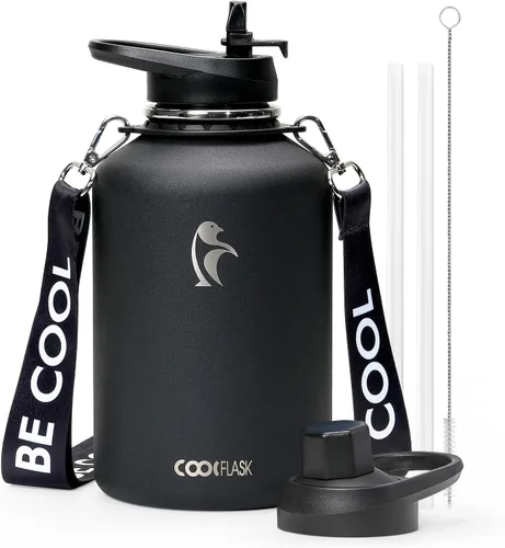 Miniatura 13 de Botella de agua Coolflask de 40 onzas con correa, botella de agua metálica aislada con popote y tapas con pico, acero inoxidable de doble pared al