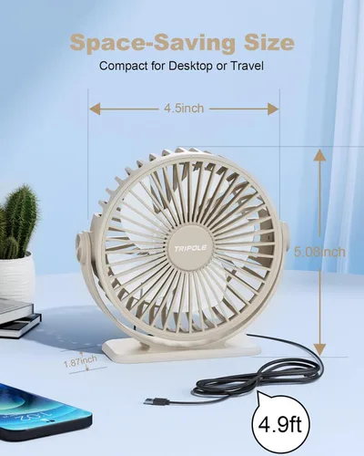 Miniatura 5 de TriPole Ventilador de Escritorio USB Pequeño Ventilador Personal Portátil, 3 Velocidades Ajustables Brisa Fuerte Mini Ventilador Eléctrico, Rotación