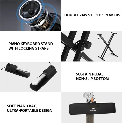 Miniatura 4 de Teclado de piano MUSTAR 88 teclas con teclado ponderado, teclado digital de piano de 88 teclas semi ponderado con soporte, piano eléctrico
