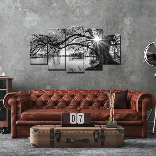 Miniatura 4 de sechars - 5 piezas de arte de pared, diseño de árbol viejo por lago, pintura de amanecer, paisaje blanco y negro, decoración moderna de pared