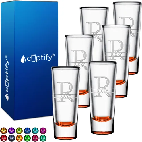 Miniatura 12 de Vaso de chupito personalizado con fondo verde azulado personalizado de 2 oz, vasos de chupito cordial con inicial en script dividido y nombre