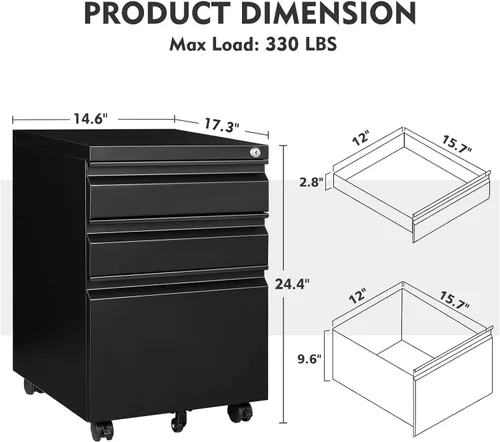 Miniatura 3 de MIIIKO - Archivador de metal con 3 cajones con ruedas, archivador móvil para debajo del escritorio de oficina en el hogar, archivadores totalmente