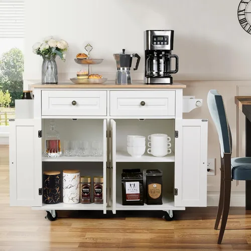 Miniatura 6 de VOWNER Isla de cocina de 43 pulgadas de ancho con hoja caída, isla de cocina rodante con cajones, isla portátil con almacenamiento, carrito de Blanco