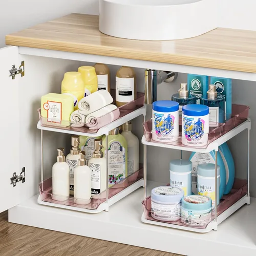 Miniatura 14 de Delamu - Organizadores y almacenamiento de 2 niveles para debajo del fregadero del baño, multiuso, apilables, organización de cocina y despensa