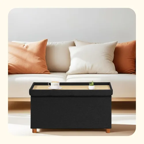 Miniatura 2 de PINPLUS Cubo otomano de almacenamiento, reposapiés de lino blanco con patas de madera, reposapiés de tela plegable, asiento cómodo con tapa, otomana