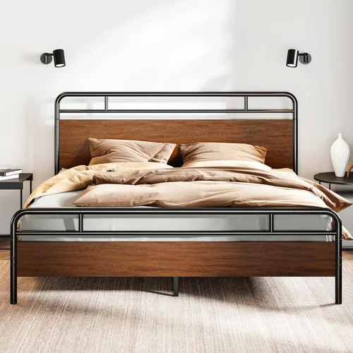 SHA CERLIN Estructura de cama de tamaño king con cabecero y pie de cama de madera, estructura metálica de esquinas redondeadas, listones resistentes