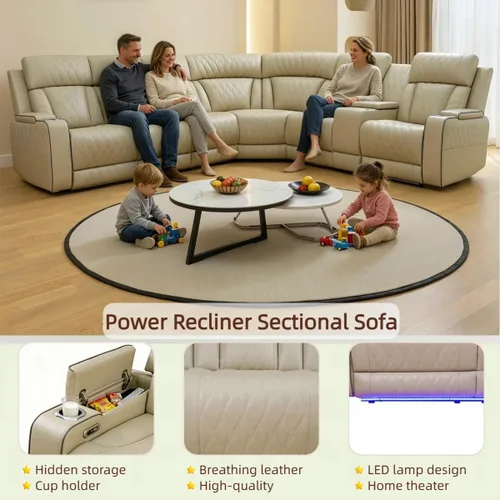 Miniatura 5 de Juego de sofá modular reclinable eléctrico con LED, juegos de muebles de sala de estar, sofá reclinable de cuero para sala de estar/cine en casa