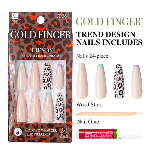 Miniatura 7 de Gold Finger - Kit de uñas postizas de cobertura completa con pegamento, diseño moderno, gel listo para usar, uñas medianas, largas y extralargas