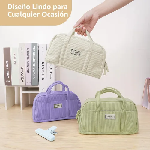 Miniatura 7 de Sooez Estuche grande para lápices, extra grande con 5 compartimentos, bolsa para bolígrafos de amplia apertura, organizador de pana suave con Beige