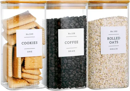 Miniatura 10 de CZZGSM Paquete de 6 tarros cuadrados de almacenamiento de cocina con tapas herméticas de bambú y 132 etiquetas de despensa, recipientes de vidrio