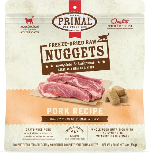 Primal Nuggets de Comida Cruda Liofilizada para Gatos de Cerdo, Comida Completa y Equilibrada o Complemento, Premium, Saludable, Sin Granos, Comida