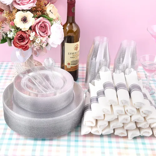 Miniatura 2 de DaYammi Juego de vajilla de 350 piezas con purpurina plateada, 50 invitados para fiesta, 50 platos llanos, 50 platos de postre, 50 servilletas