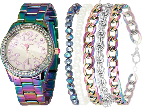 Betsey Johnson Juego de reloj para mujer - Reloj de pulsera con correa de eslabones con pulseras apiladas y esfera de fácil lectura