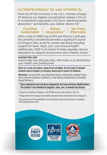 Miniatura 6 de Nordic Naturals Ultimate Omega 2X con vitamina D3, sabor a limón, 60 geles blandos, 2150 mg de omega-3 + 1000 UI D3, aceite de pescado omega-3, EPA