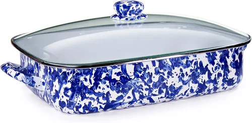 Miniatura 9 de Golden Rabbit Enamelware - Sartén para asar con tapa, 10.5 cuartos de galón, Black Swirl