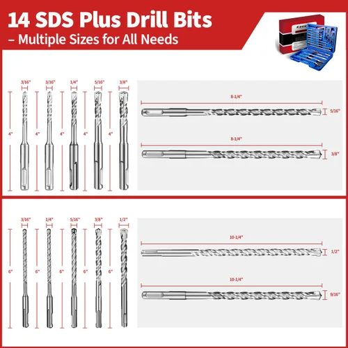 Miniatura 4 de Juego de 19 piezas de brocas SDS Plus para martillo, cinceles para concreto y juego de brocas de mampostería con punta de carburo cruzado, brocas