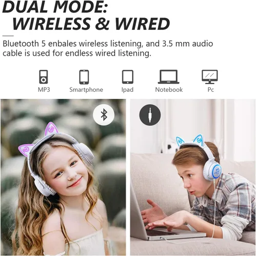 Miniatura 3 de Auriculares para niños, auriculares con orejas de gato con cable e inalámbricos, luces LED, auriculares Bluetooth inalámbricos plegables