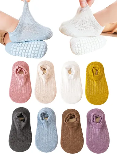 BEHELE Calcetines antideslizantes para bebé, calcetines de malla al tobillo, calcetines delgados para bebés, recién nacidos, niñas, niños, 8 pares