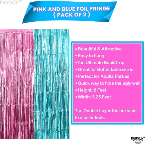 Miniatura 4 de KatchOn - Flecos de papel de aluminio rosa y azul, grande de 6.4 x 8 pies, paquete de 2 Decoraciones de revelación de género para niñas o niños