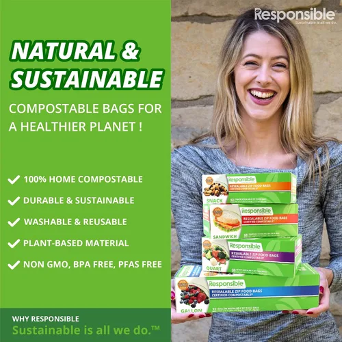 Miniatura 5 de Responsible Products Bolsa con cremallera resellable de gran galón compostable certificada, bolsas de alimentos extra resistentes, hechas