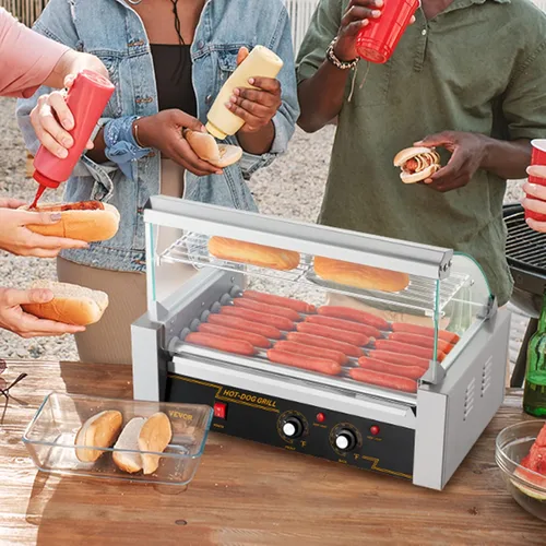 Miniatura 8 de VEVOR - Parrilla de rodillos para hot dogs y salchichas, de acero inoxidable, 1050 W, control doble de temperatura, tapa acrílica, bandeja