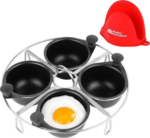 Modern Innovations Bandeja escalfadora de huevos de acero inoxidable de 4 tazas, guante de silicona gratuito, inserto para escalfar huevos y huevos