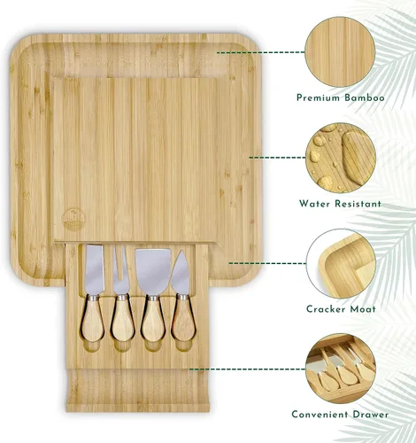 Miniatura 2 de Juego de tabla de queso de bambú y 4 cuchillos, tabla de charcutería con cuchillos, plato grande de charcutería de 13 pulgadas y bandeja